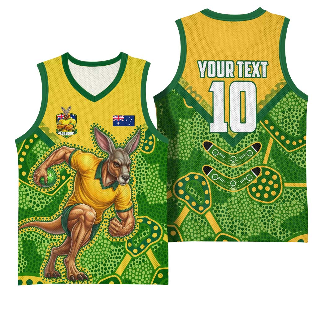 Personalized Australian Jackaroo Lawn Bowls Basketball Jersey Kangaroo Athlete Indigenous Pattern Green Yellow Sports Mascot