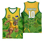 Personalized Australian Jackaroo Lawn Bowls Basketball Jersey Kangaroo Athlete Indigenous Pattern Green Yellow Sports Mascot