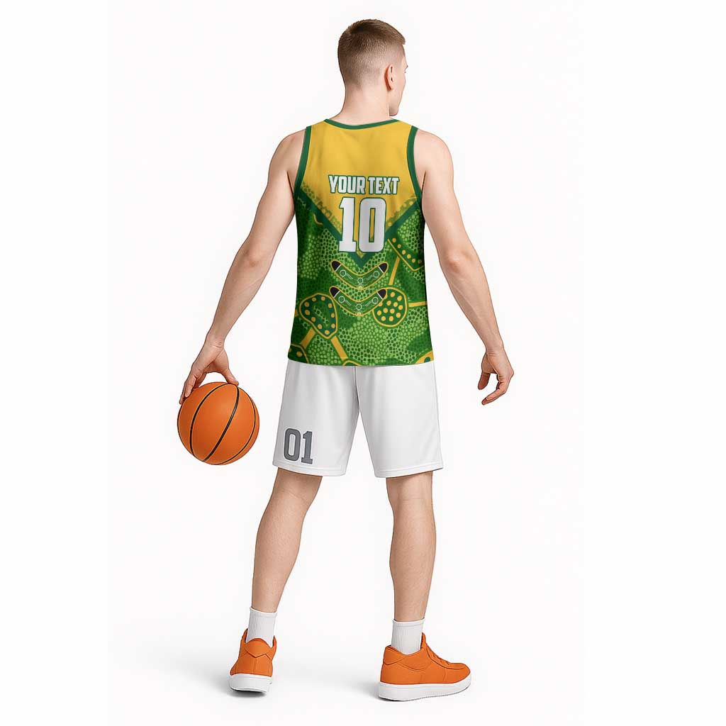 Personalized Australian Jackaroo Lawn Bowls Basketball Jersey Kangaroo Athlete Indigenous Pattern Green Yellow Sports Mascot