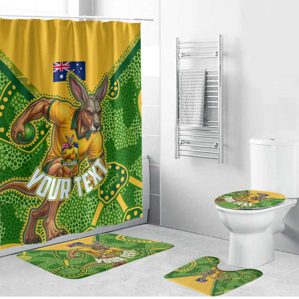 Personalized Australian Jackaroo Lawn Bowls Bathroom Set Kangaroo Athlete Indigenous Pattern Green Yellow Sports Mascot