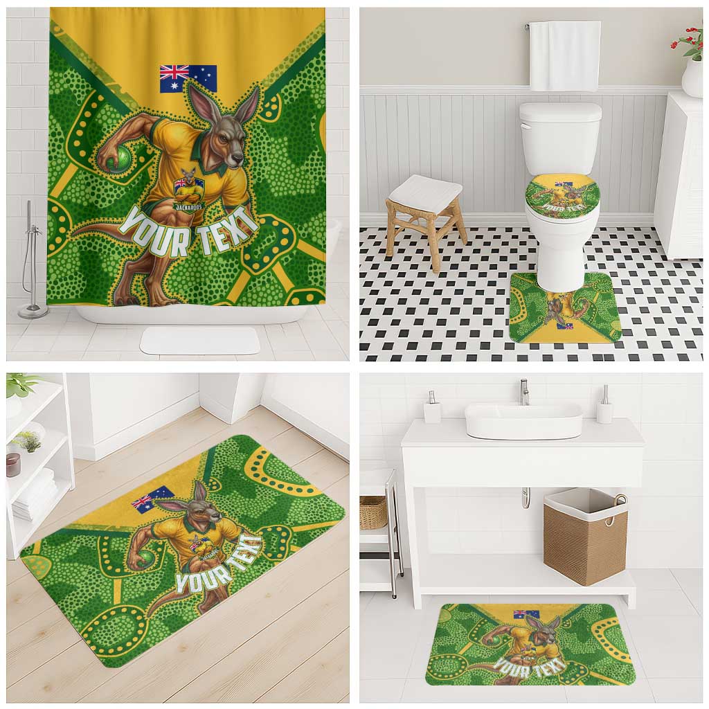 Personalized Australian Jackaroo Lawn Bowls Bathroom Set Kangaroo Athlete Indigenous Pattern Green Yellow Sports Mascot