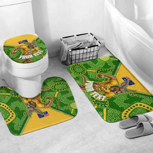 Personalized Australian Jackaroo Lawn Bowls Bathroom Set Kangaroo Athlete Indigenous Pattern Green Yellow Sports Mascot