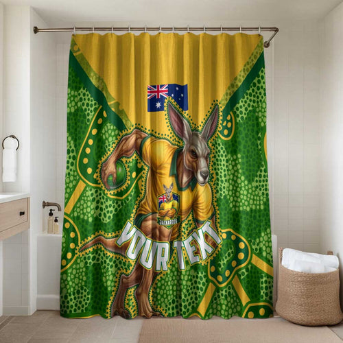 Personalized Australian Jackaroo Lawn Bowls Bathroom Set Kangaroo Athlete Indigenous Pattern Green Yellow Sports Mascot