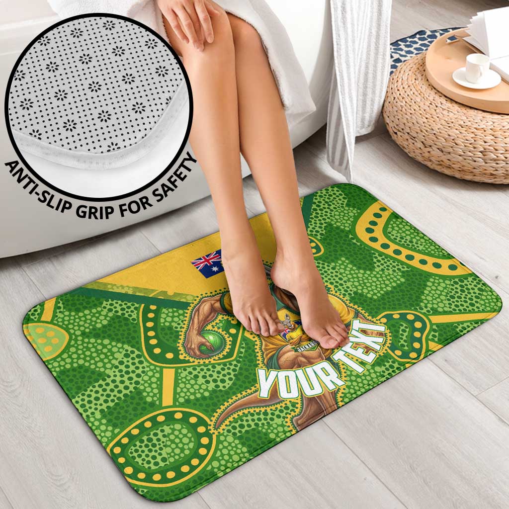 Personalized Australian Jackaroo Lawn Bowls Bathroom Set Kangaroo Athlete Indigenous Pattern Green Yellow Sports Mascot