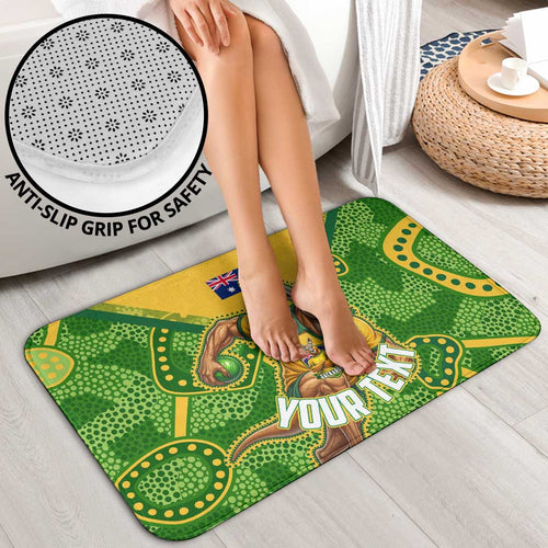 Personalized Australian Jackaroo Lawn Bowls Bathroom Set Kangaroo Athlete Indigenous Pattern Green Yellow Sports Mascot