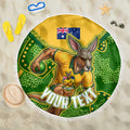 Personalized Australian Jackaroo Lawn Bowls Beach Blanket Kangaroo Athlete Indigenous Pattern Green Yellow Sports Mascot