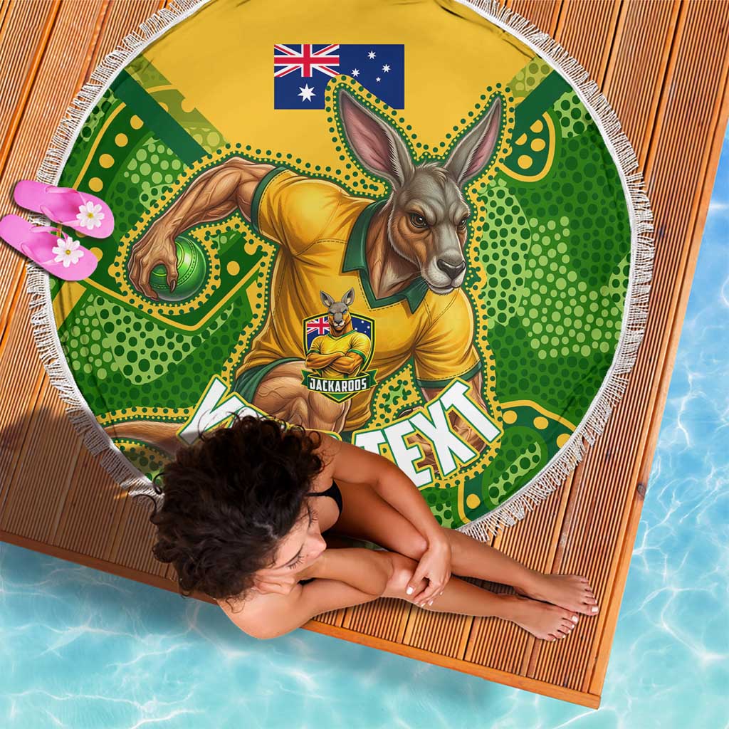 Personalized Australian Jackaroo Lawn Bowls Beach Blanket Kangaroo Athlete Indigenous Pattern Green Yellow Sports Mascot