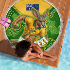 Personalized Australian Jackaroo Lawn Bowls Beach Blanket Kangaroo Athlete Indigenous Pattern Green Yellow Sports Mascot