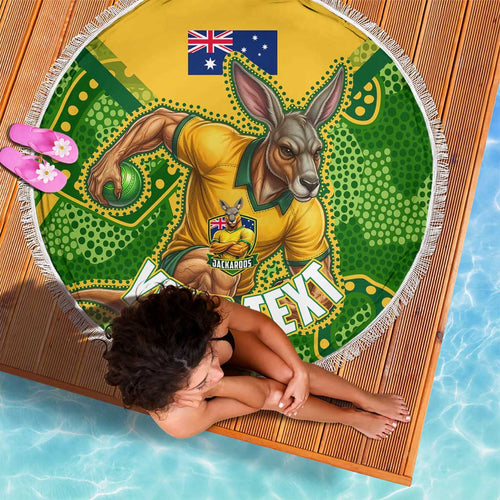 Personalized Australian Jackaroo Lawn Bowls Beach Blanket Kangaroo Athlete Indigenous Pattern Green Yellow Sports Mascot