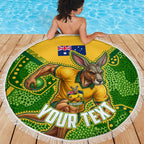 Personalized Australian Jackaroo Lawn Bowls Beach Blanket Kangaroo Athlete Indigenous Pattern Green Yellow Sports Mascot