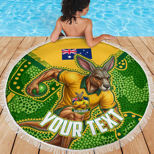 Personalized Australian Jackaroo Lawn Bowls Beach Blanket Kangaroo Athlete Indigenous Pattern Green Yellow Sports Mascot