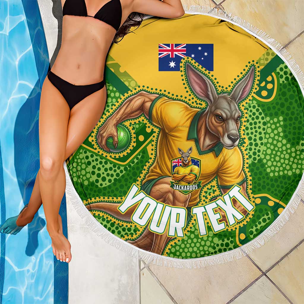 Personalized Australian Jackaroo Lawn Bowls Beach Blanket Kangaroo Athlete Indigenous Pattern Green Yellow Sports Mascot