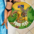 Personalized Australian Jackaroo Lawn Bowls Beach Blanket Kangaroo Athlete Indigenous Pattern Green Yellow Sports Mascot