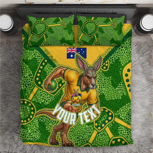 Personalized Australian Jackaroo Lawn Bowls Bedding Set Kangaroo Athlete Indigenous Pattern Green Yellow Sports Mascot