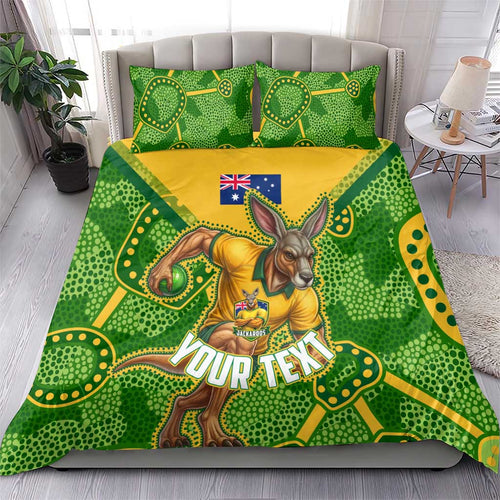 Personalized Australian Jackaroo Lawn Bowls Bedding Set Kangaroo Athlete Indigenous Pattern Green Yellow Sports Mascot
