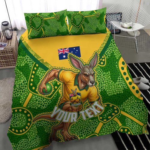 Personalized Australian Jackaroo Lawn Bowls Bedding Set Kangaroo Athlete Indigenous Pattern Green Yellow Sports Mascot