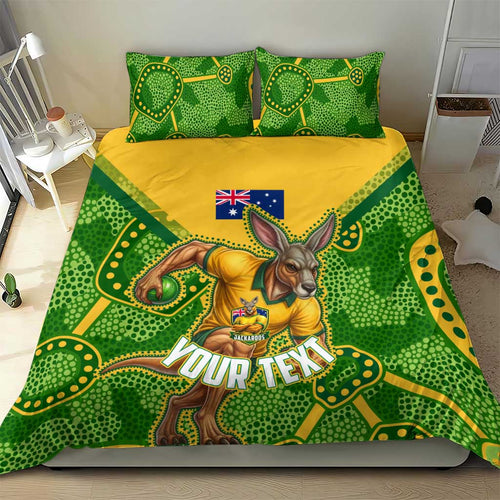 Personalized Australian Jackaroo Lawn Bowls Bedding Set Kangaroo Athlete Indigenous Pattern Green Yellow Sports Mascot