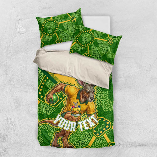 Personalized Australian Jackaroo Lawn Bowls Bedding Set Kangaroo Athlete Indigenous Pattern Green Yellow Sports Mascot