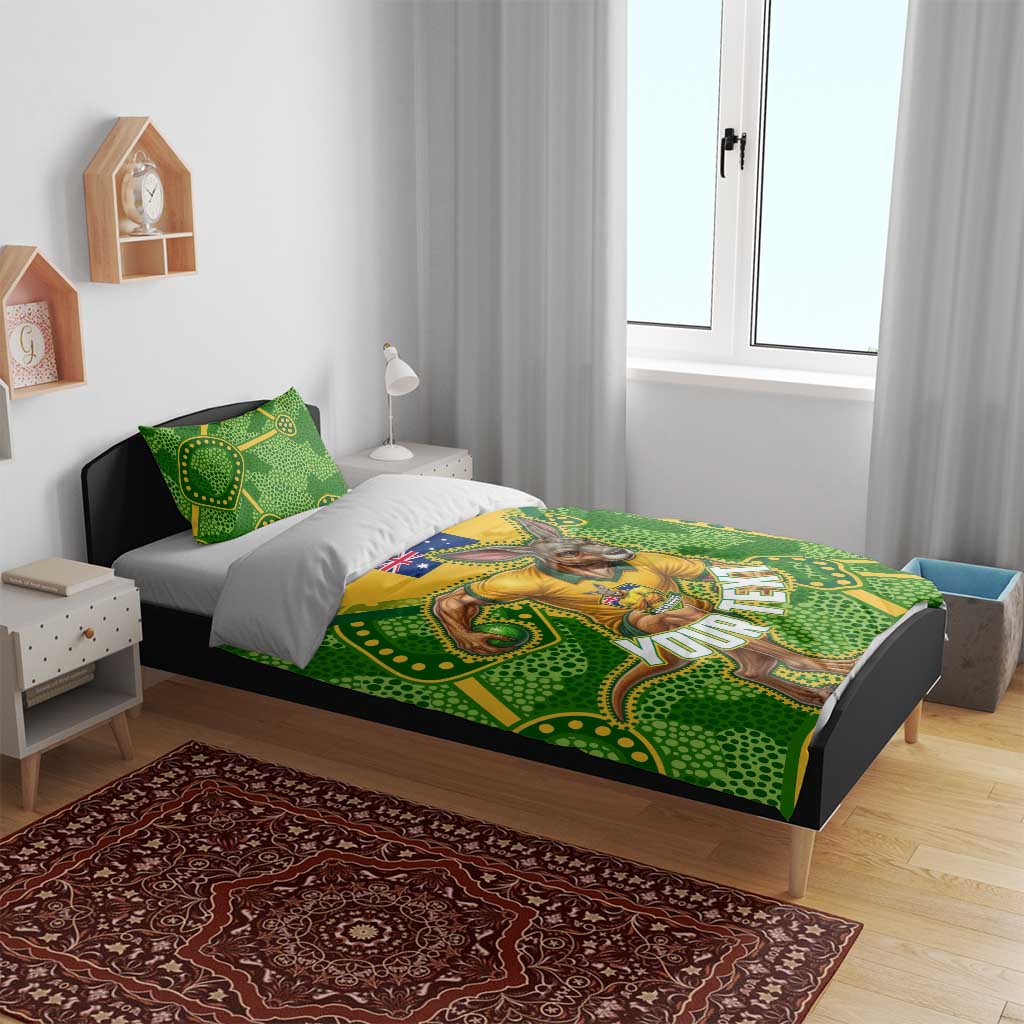 Personalized Australian Jackaroo Lawn Bowls Bedding Set Kangaroo Athlete Indigenous Pattern Green Yellow Sports Mascot