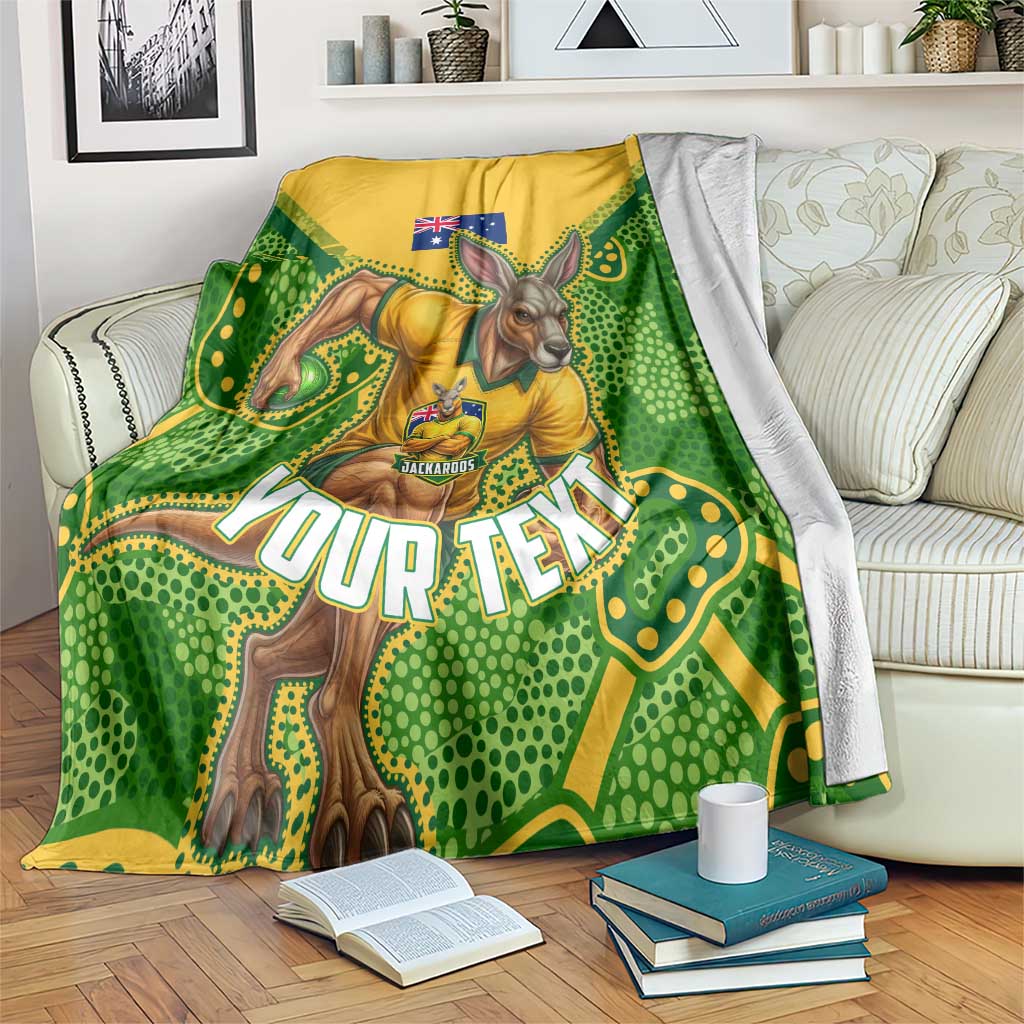 Personalized Australian Jackaroo Lawn Bowls Blanket Kangaroo Athlete Indigenous Pattern Green Yellow Sports Mascot