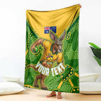Personalized Australian Jackaroo Lawn Bowls Blanket Kangaroo Athlete Indigenous Pattern Green Yellow Sports Mascot