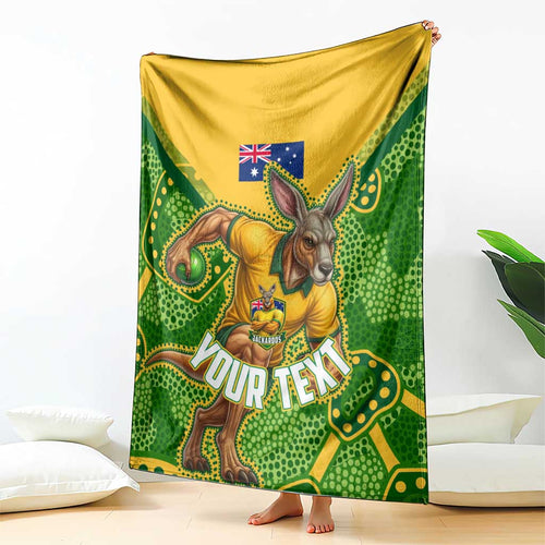 Personalized Australian Jackaroo Lawn Bowls Blanket Kangaroo Athlete Indigenous Pattern Green Yellow Sports Mascot