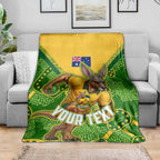 Personalized Australian Jackaroo Lawn Bowls Blanket Kangaroo Athlete Indigenous Pattern Green Yellow Sports Mascot
