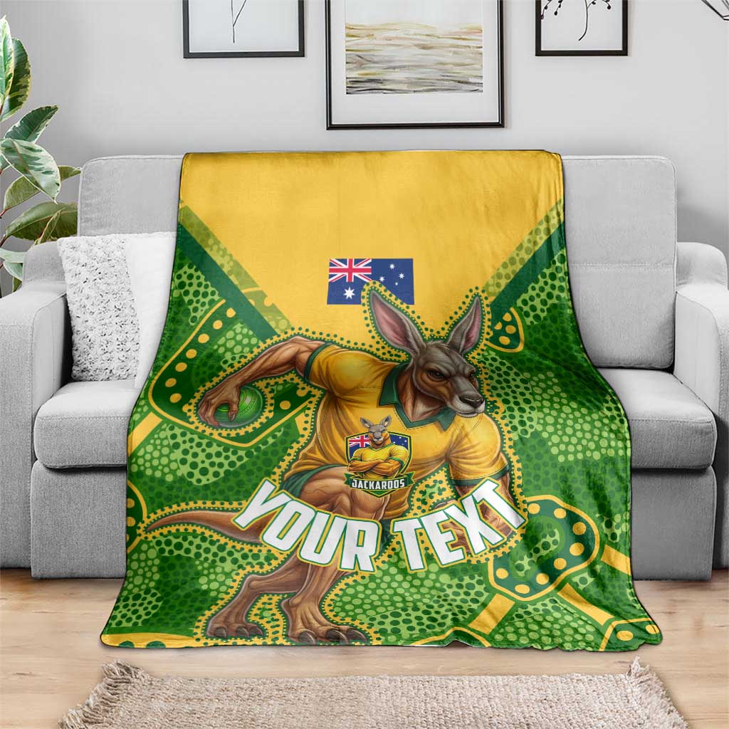 Personalized Australian Jackaroo Lawn Bowls Blanket Kangaroo Athlete Indigenous Pattern Green Yellow Sports Mascot