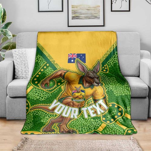 Personalized Australian Jackaroo Lawn Bowls Blanket Kangaroo Athlete Indigenous Pattern Green Yellow Sports Mascot