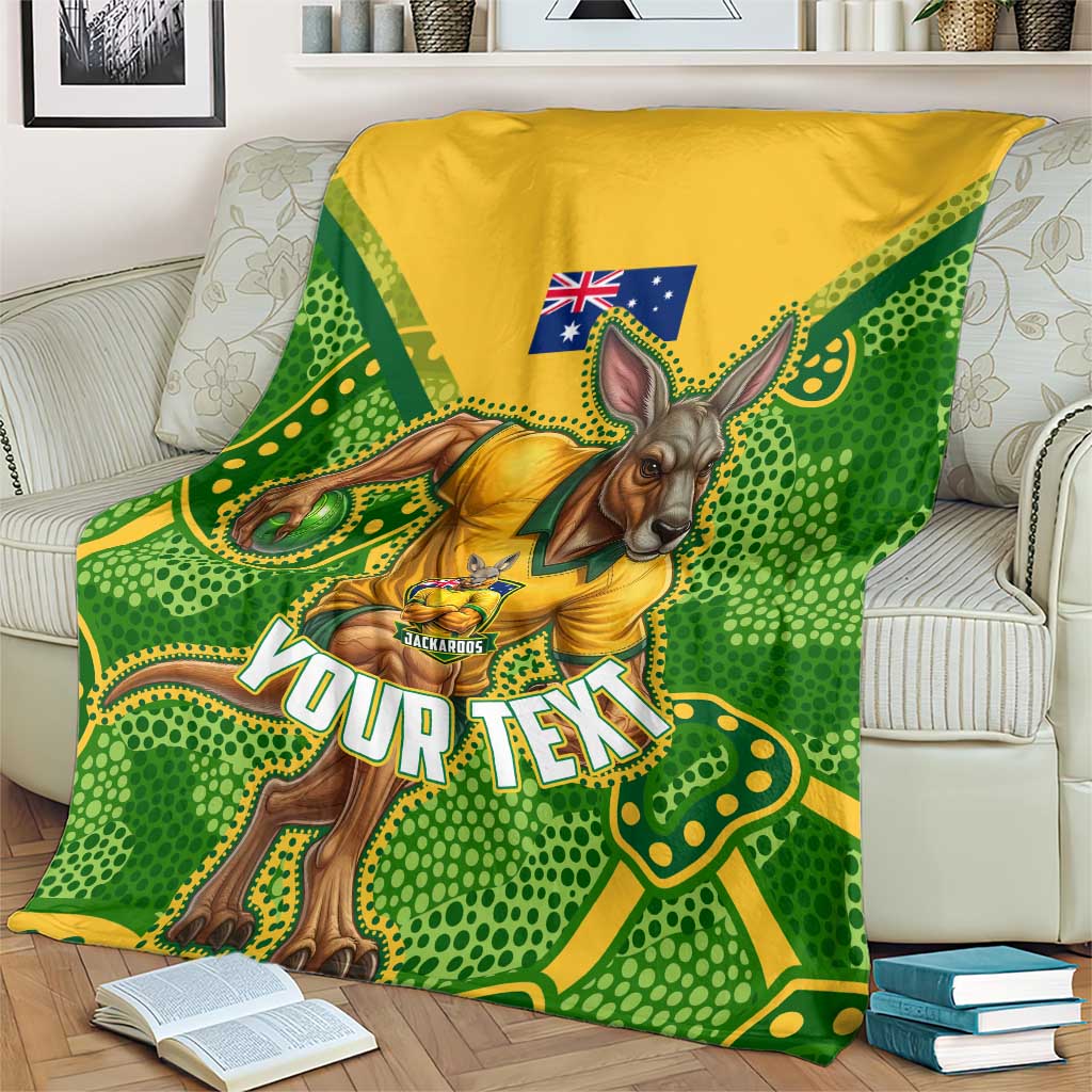 Personalized Australian Jackaroo Lawn Bowls Blanket Kangaroo Athlete Indigenous Pattern Green Yellow Sports Mascot