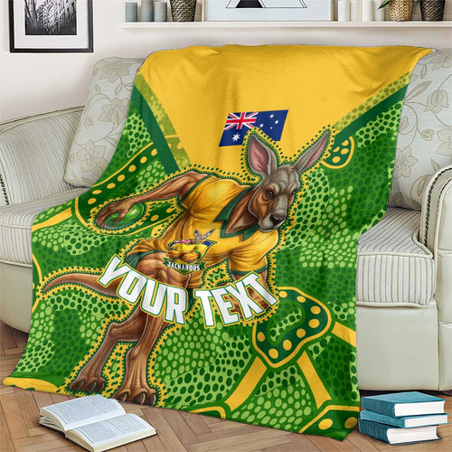 Personalized Australian Jackaroo Lawn Bowls Blanket Kangaroo Athlete Indigenous Pattern Green Yellow Sports Mascot