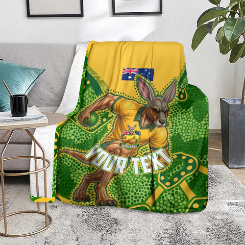 Personalized Australian Jackaroo Lawn Bowls Blanket Kangaroo Athlete Indigenous Pattern Green Yellow Sports Mascot