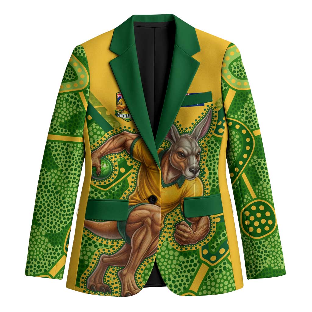 Personalized Australian Jackaroo Lawn Bowls Blazer Kangaroo Athlete Indigenous Pattern Green Yellow Sports Mascot