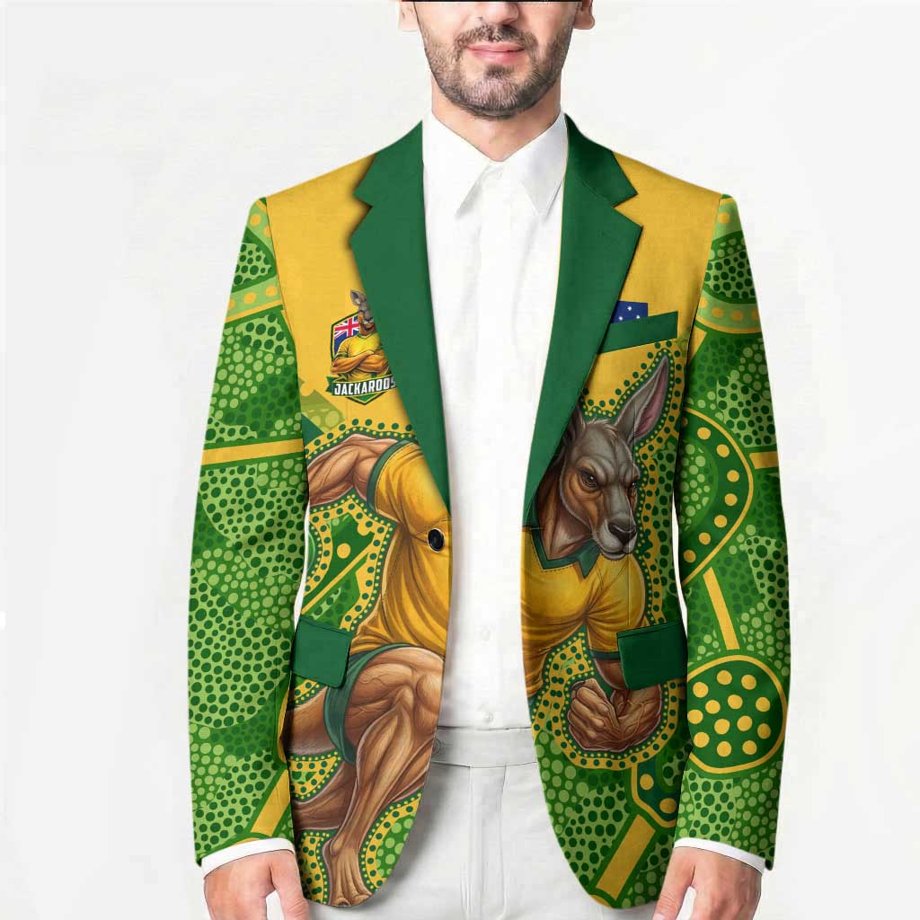 Personalized Australian Jackaroo Lawn Bowls Blazer Kangaroo Athlete Indigenous Pattern Green Yellow Sports Mascot
