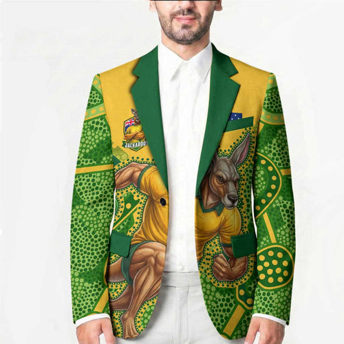 Personalized Australian Jackaroo Lawn Bowls Blazer Kangaroo Athlete Indigenous Pattern Green Yellow Sports Mascot