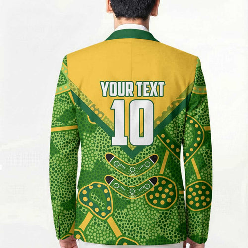 Personalized Australian Jackaroo Lawn Bowls Blazer Kangaroo Athlete Indigenous Pattern Green Yellow Sports Mascot