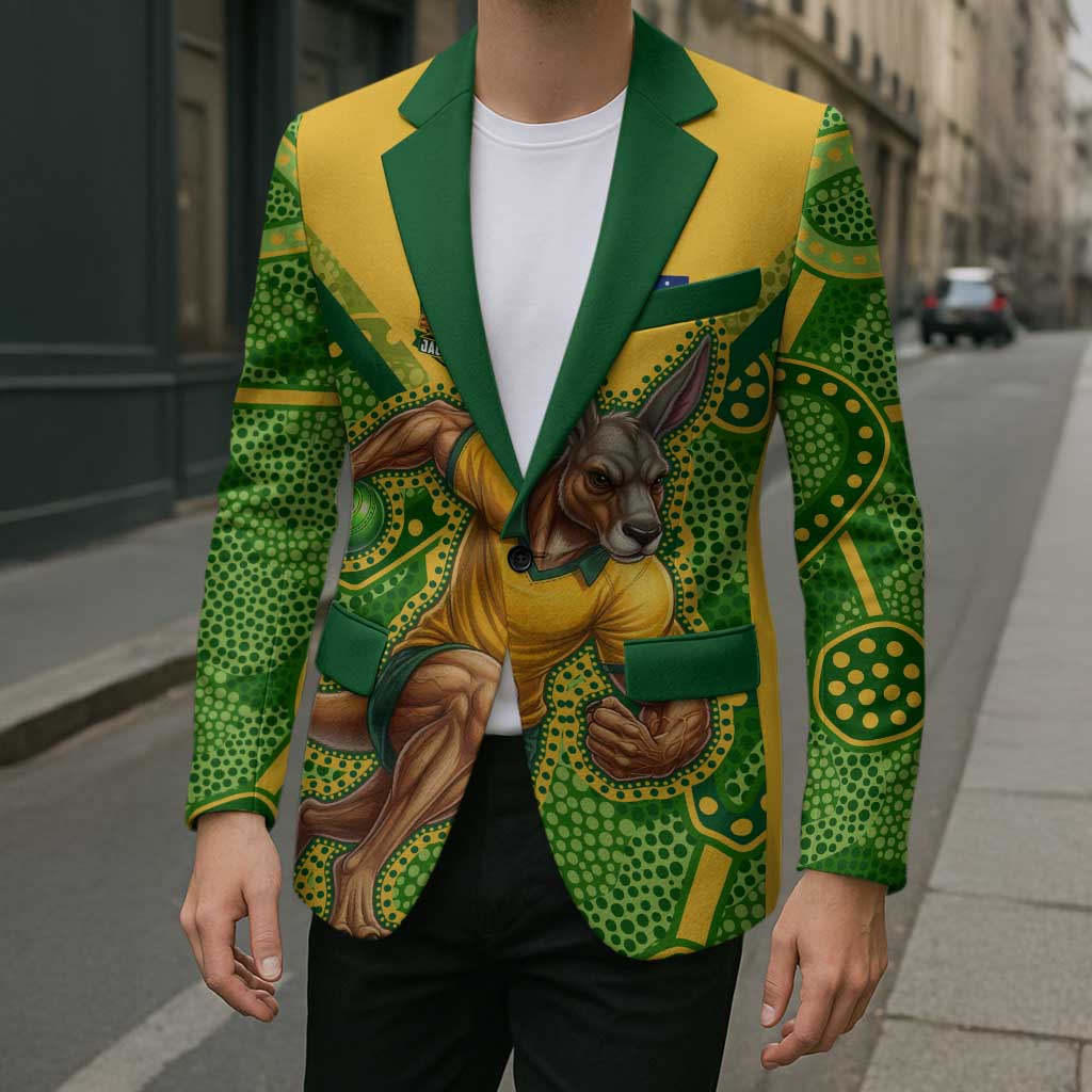 Personalized Australian Jackaroo Lawn Bowls Blazer Kangaroo Athlete Indigenous Pattern Green Yellow Sports Mascot