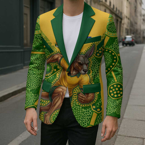 Personalized Australian Jackaroo Lawn Bowls Blazer Kangaroo Athlete Indigenous Pattern Green Yellow Sports Mascot