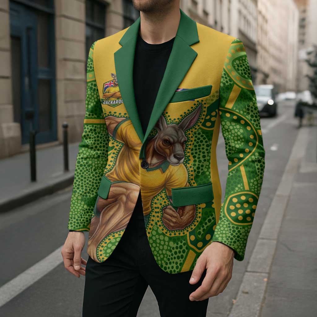 Personalized Australian Jackaroo Lawn Bowls Blazer Kangaroo Athlete Indigenous Pattern Green Yellow Sports Mascot