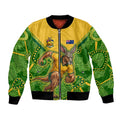 Personalized Australian Jackaroo Lawn Bowls Bomber Jacket Kangaroo Athlete Indigenous Pattern Green Yellow Sports Mascot