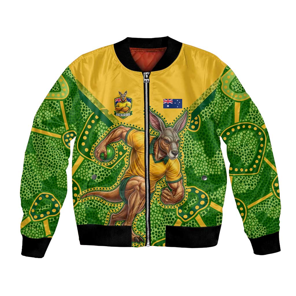 Personalized Australian Jackaroo Lawn Bowls Bomber Jacket Kangaroo Athlete Indigenous Pattern Green Yellow Sports Mascot