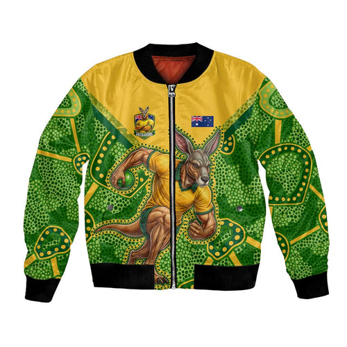 Personalized Australian Jackaroo Lawn Bowls Bomber Jacket Kangaroo Athlete Indigenous Pattern Green Yellow Sports Mascot