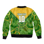 Personalized Australian Jackaroo Lawn Bowls Bomber Jacket Kangaroo Athlete Indigenous Pattern Green Yellow Sports Mascot