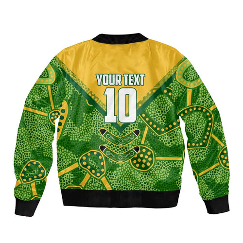 Personalized Australian Jackaroo Lawn Bowls Bomber Jacket Kangaroo Athlete Indigenous Pattern Green Yellow Sports Mascot