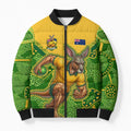 Personalized Australian Jackaroo Lawn Bowls Bomber Puffer Jacket Kangaroo Athlete Indigenous Pattern Green Yellow Sports Mascot