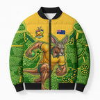 Personalized Australian Jackaroo Lawn Bowls Bomber Puffer Jacket Kangaroo Athlete Indigenous Pattern Green Yellow Sports Mascot