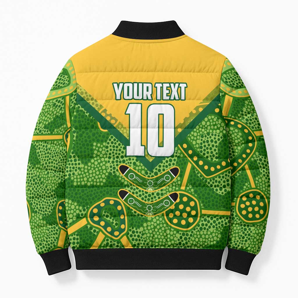 Personalized Australian Jackaroo Lawn Bowls Bomber Puffer Jacket Kangaroo Athlete Indigenous Pattern Green Yellow Sports Mascot