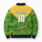 Personalized Australian Jackaroo Lawn Bowls Bomber Puffer Jacket Kangaroo Athlete Indigenous Pattern Green Yellow Sports Mascot