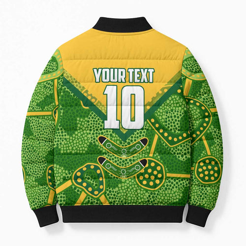 Personalized Australian Jackaroo Lawn Bowls Bomber Puffer Jacket Kangaroo Athlete Indigenous Pattern Green Yellow Sports Mascot