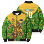 Personalized Australian Jackaroo Lawn Bowls Bomber Puffer Jacket Kangaroo Athlete Indigenous Pattern Green Yellow Sports Mascot